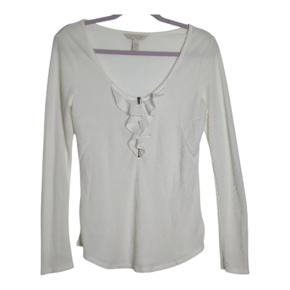 Banana Republic Medium White Waffle Knit Top Ruffle Front Balletcore Coquette
